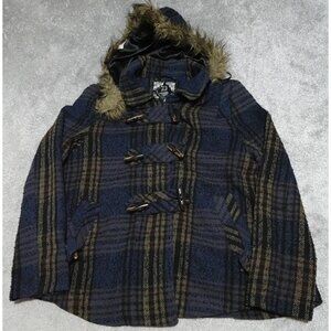 Dollhouse Faux Fur Coat Women's Medium Black Blue Plaid Wooden Button Pleated